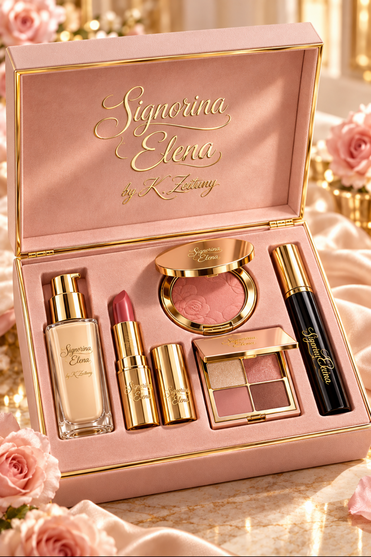 A luxury makeup gift set in an open pink box with gold trim, featuring a foundation bottle, lipstick, compact powder, eyeshadow palette, and mascara. The box lid is printed with the brand name 'Signoria Elena by Rebecca Taylor'.